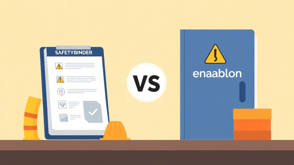 An informative visual explaining safetyBinder VS Enablon for beginners and professionals