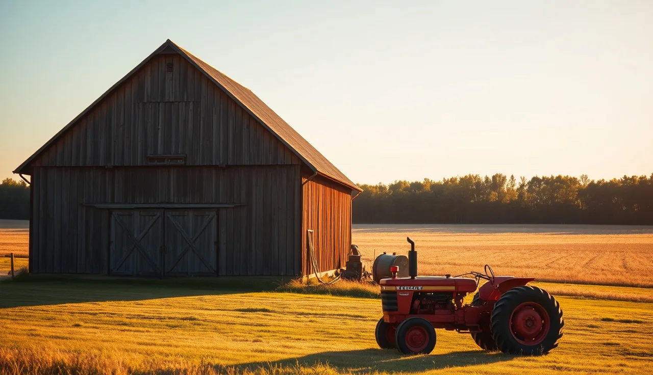 Red tractor parked beside a wooden barn on a small family farm at golden hour