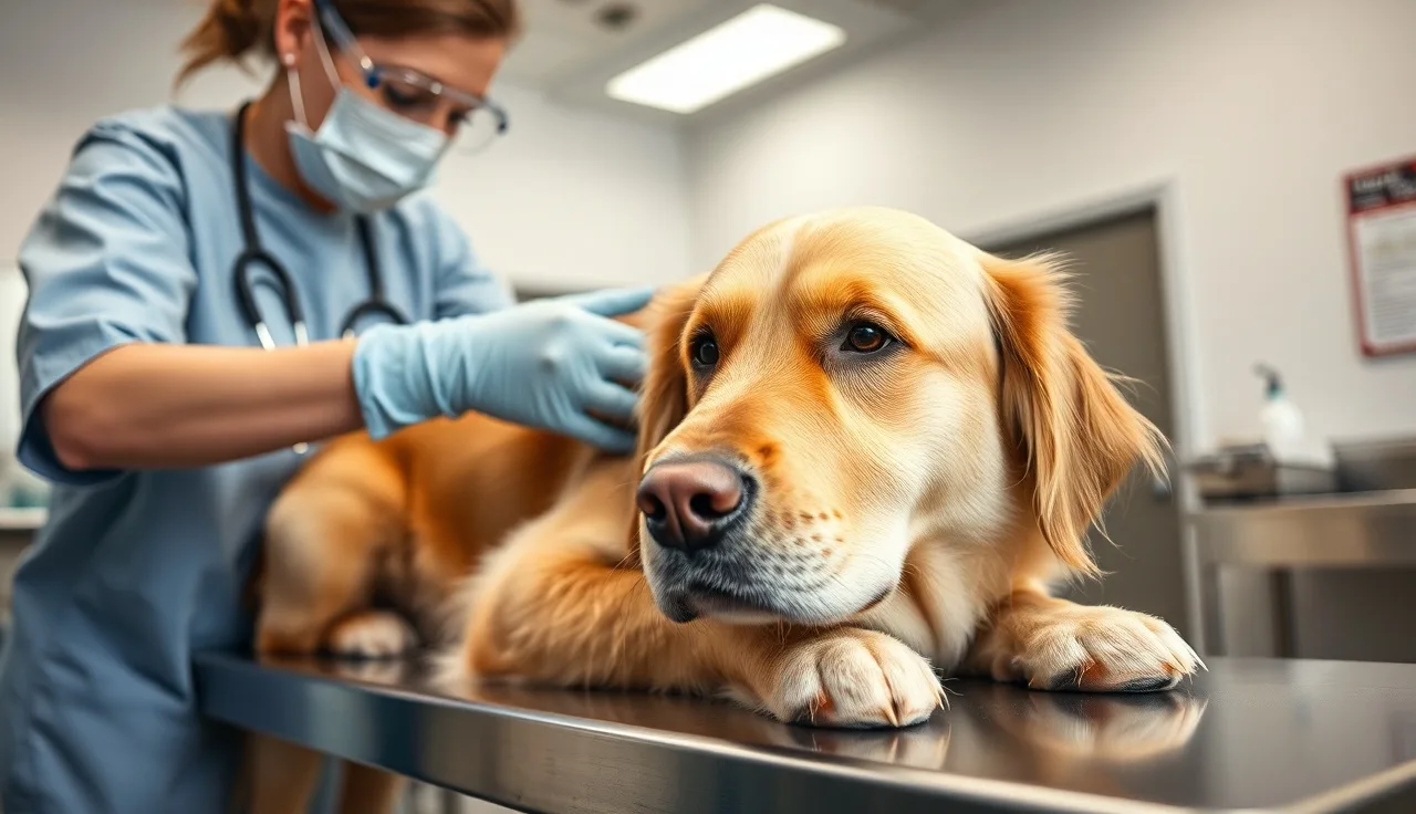 Veterinary technician in gloves and eye protection restraining a dog on exam table