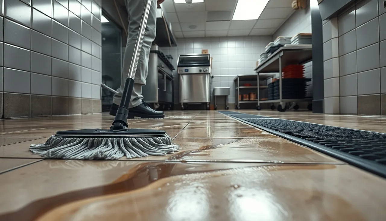 Commercial kitchen worker mopping wet tile floor near anti-slip drainage mats