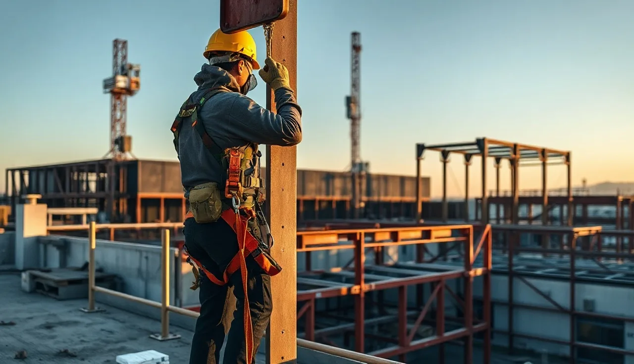 Worker clipping safety harness lanyard to a steel beam fall protection anchor point on a rooftop