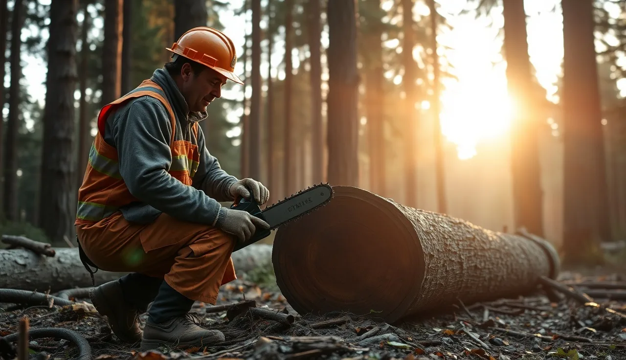 Logger in PPE inspecting a chainsaw beside a felled tree in a forest at dawn