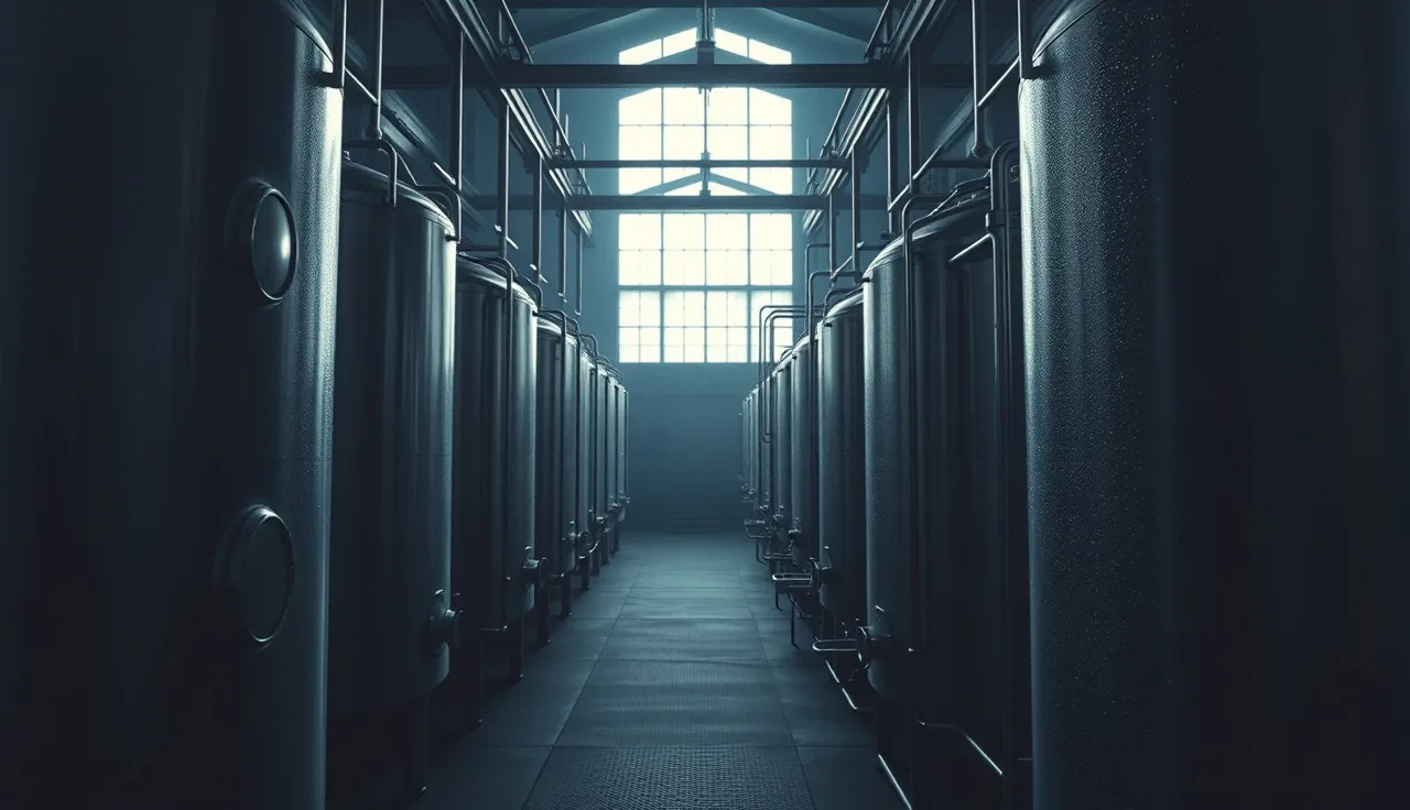 Stainless steel fermentation tanks in a brewery cellar with atmospheric CO2 hazard