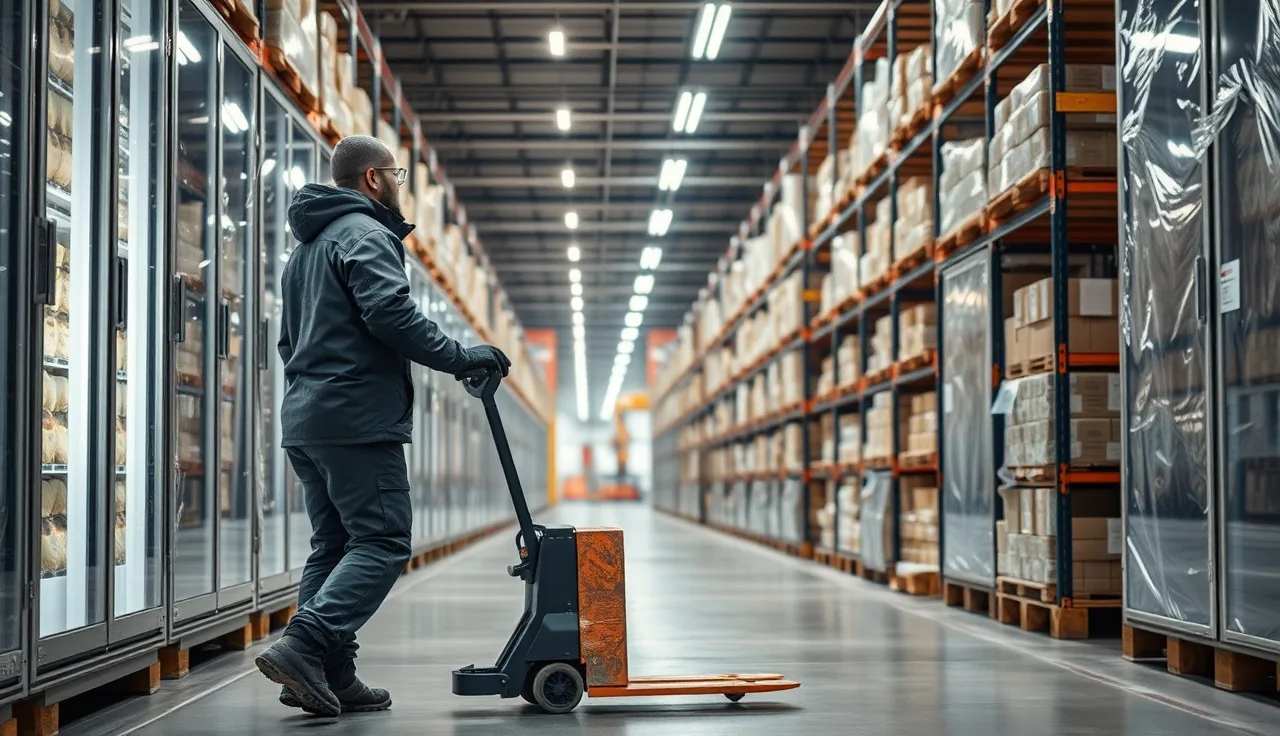 Warehouse worker in cold-weather PPE operating pallet jack inside a large commercial freezer