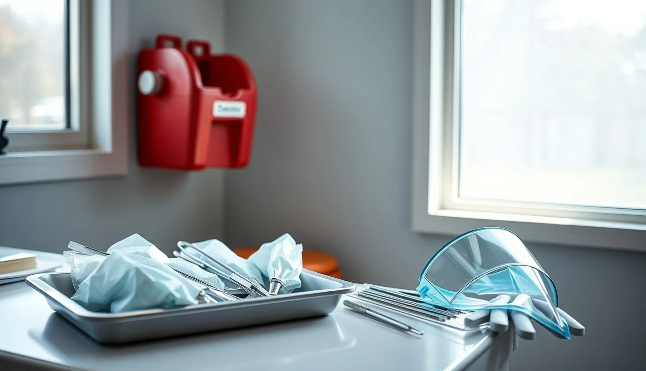 Dental operatory with sterile instrument tray and wall-mounted sharps container in natural light