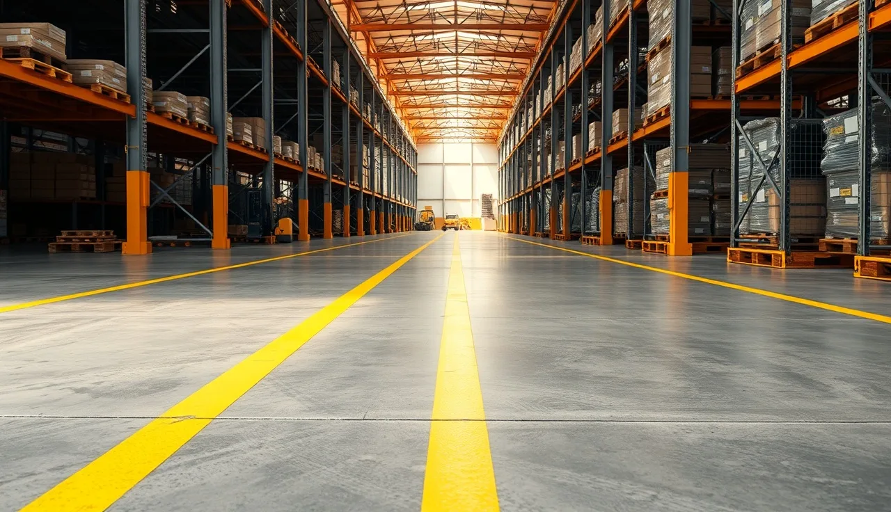 Yellow and white floor markings on a concrete warehouse floor with pallet racks in background