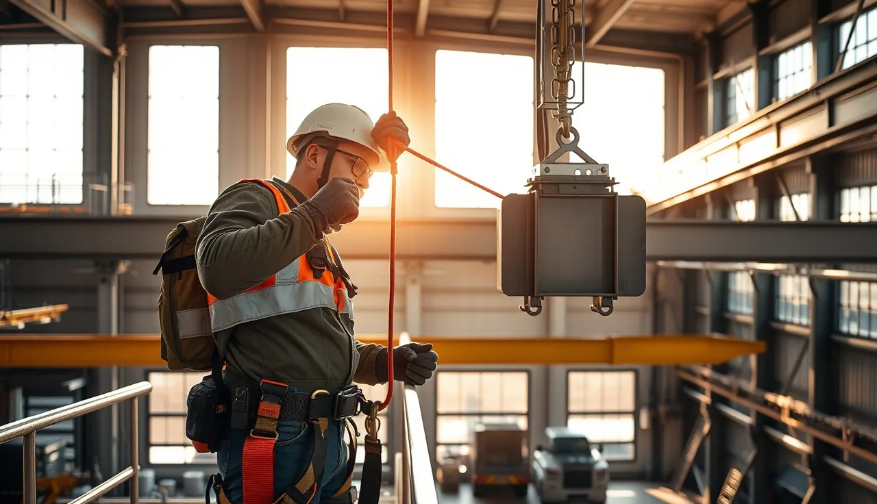 Worker in safety harness connecting fall arrest lifeline on elevated factory mezzanine