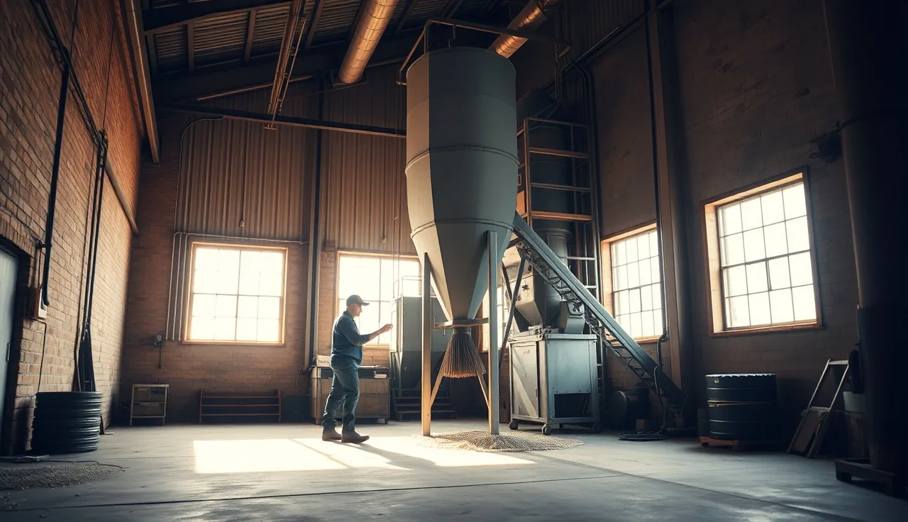 Worker inspecting bucket elevator leg inside a small grain feed mill with dust in light beams