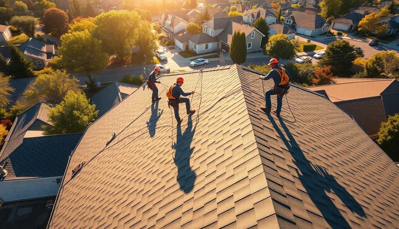 Two roofers in safety harnesses working on a pitched residential roof in morning light