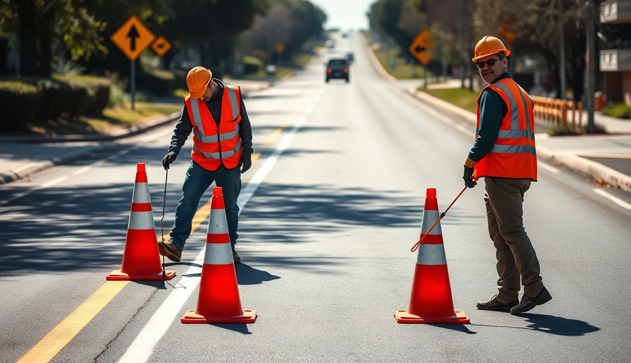 Two paving crew workers in orange vests setting up traffic cones on a closed road lane