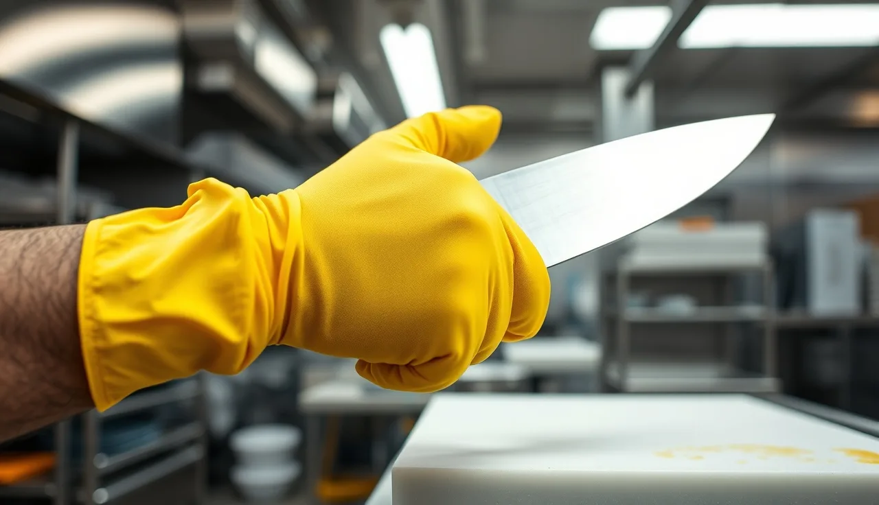 Food processing worker in cut-resistant gloves handling a knife at a stainless steel prep station