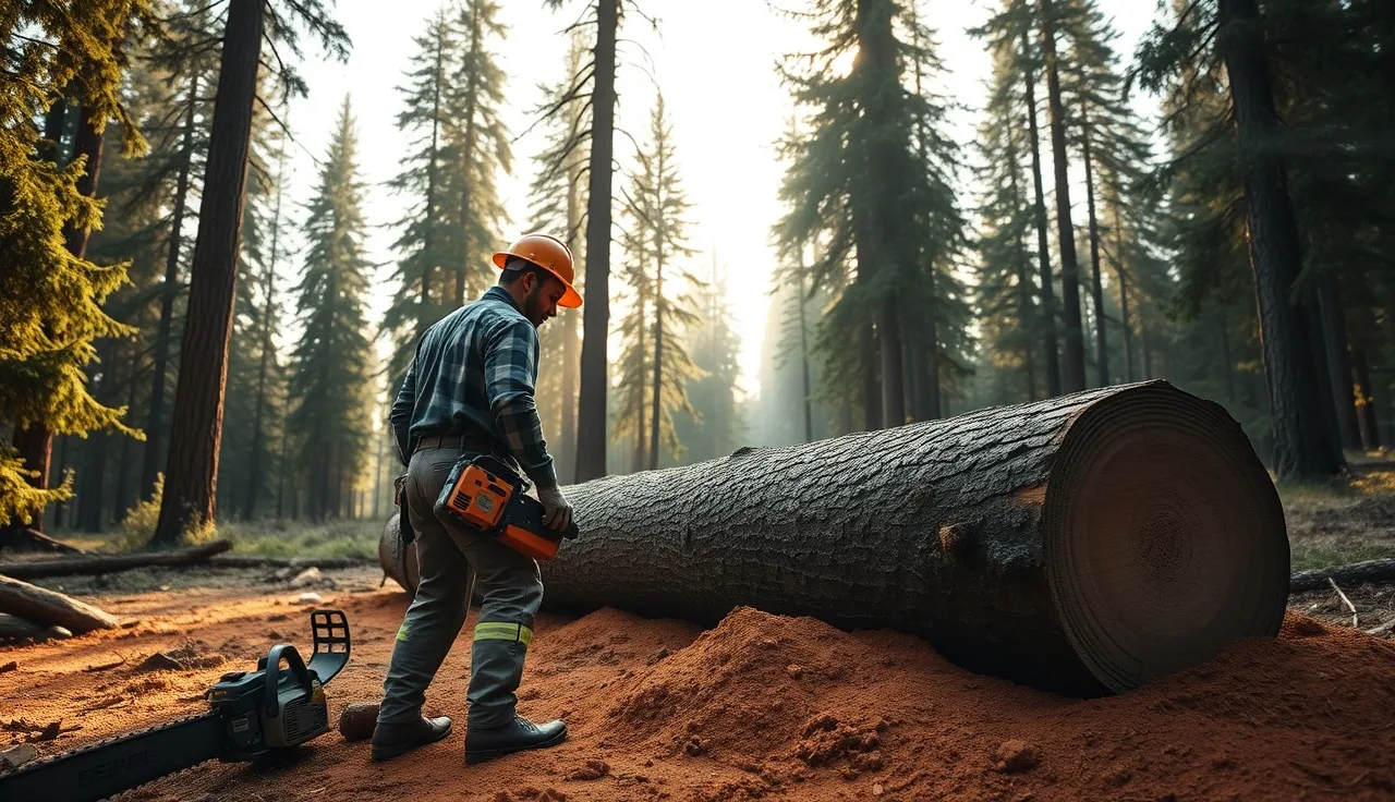 Two loggers in PPE bucking a felled pine tree in a misty forest