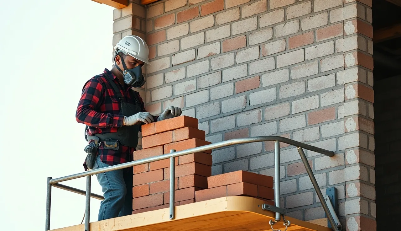 Masonry workers laying brick from a scaffold on a commercial construction site