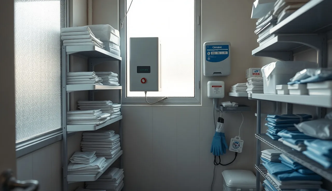 Organized medical supply room with gloves, sharps container, and PPE supplies on shelves