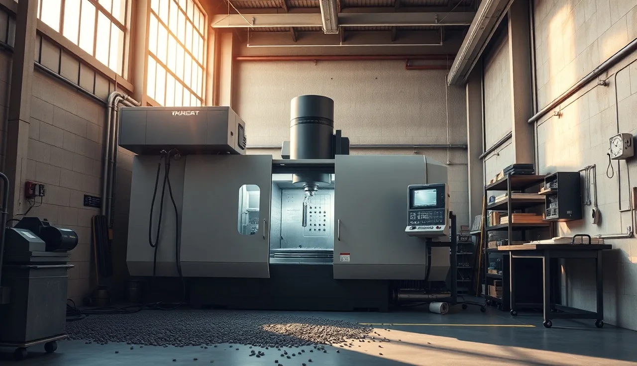 CNC machining center with mounted mist collector running in a small machine shop