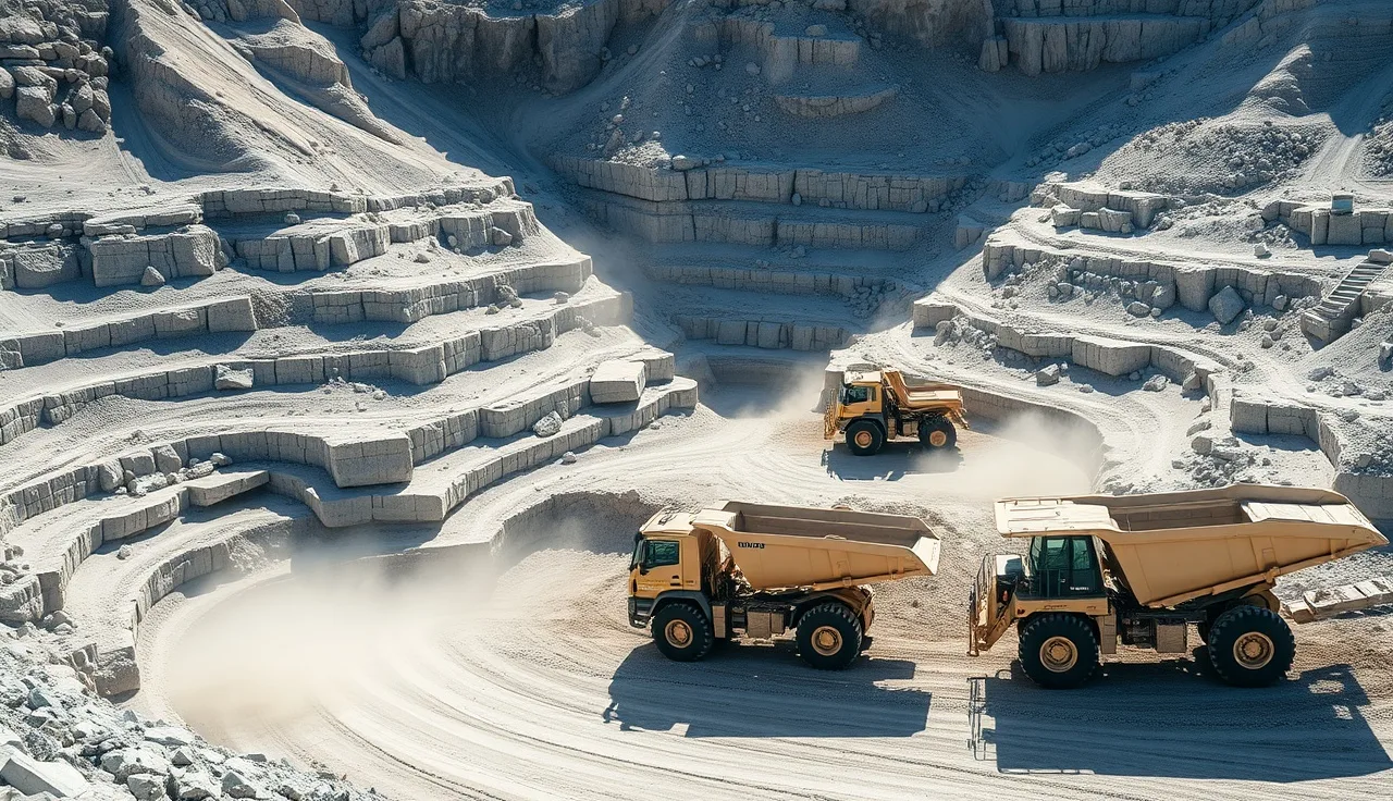 Active limestone quarry with excavators on terraced rock benches under midday sun