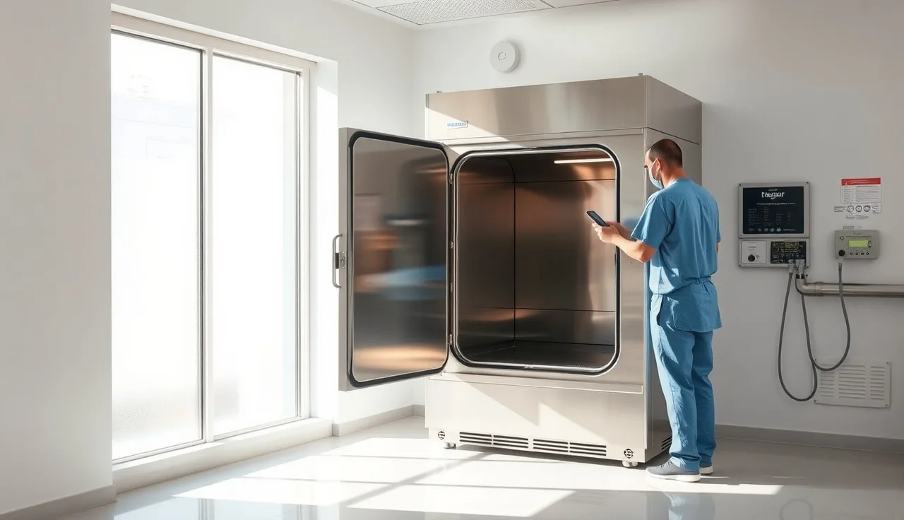 Technician adjusting ventilation controls next to an open ethylene oxide sterilization chamber