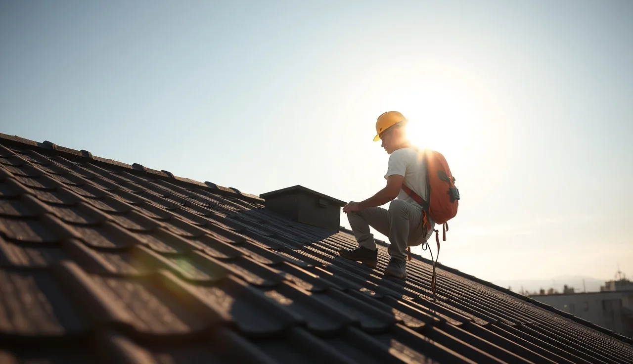Roofer in hard hat and harness working on a commercial rooftop in bright daylight