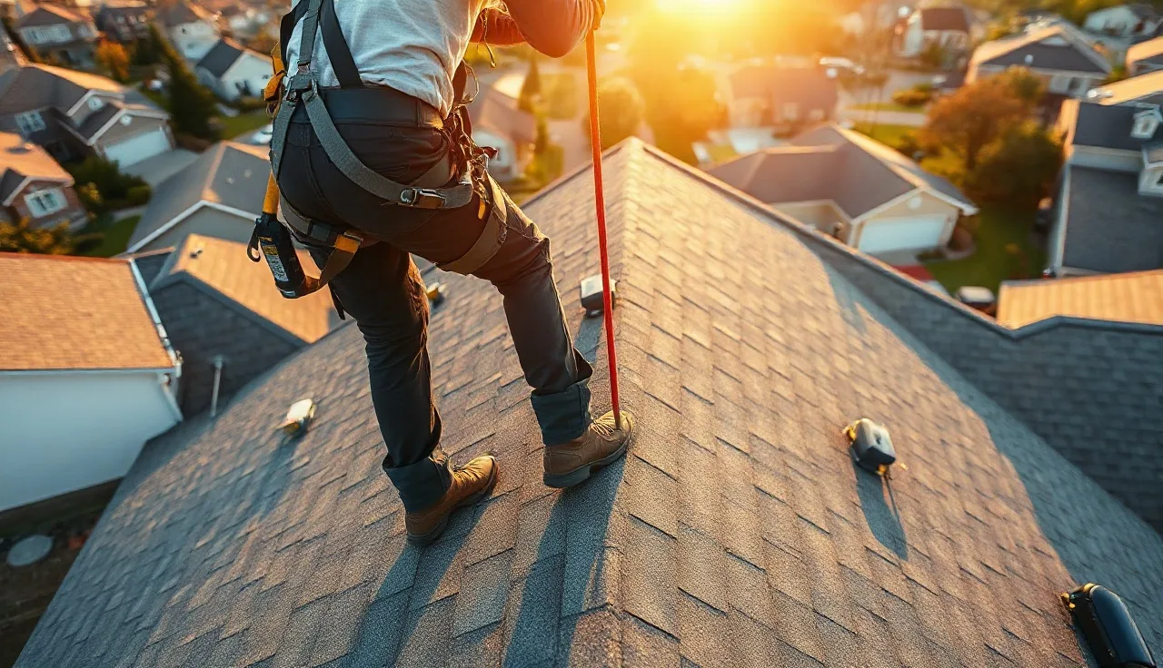 Roofer wearing safety harness connected to roof anchor on steep residential roof