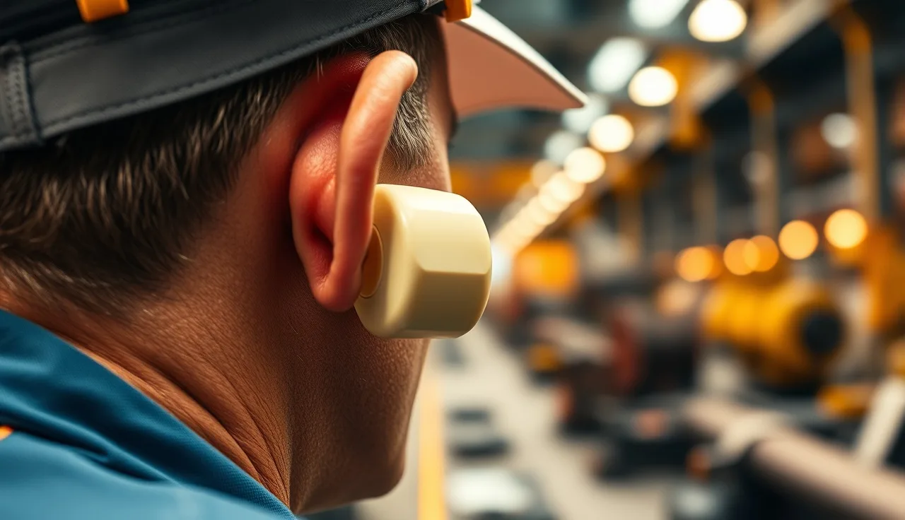 Factory worker wearing foam earplugs near loud industrial machinery on a manufacturing floor