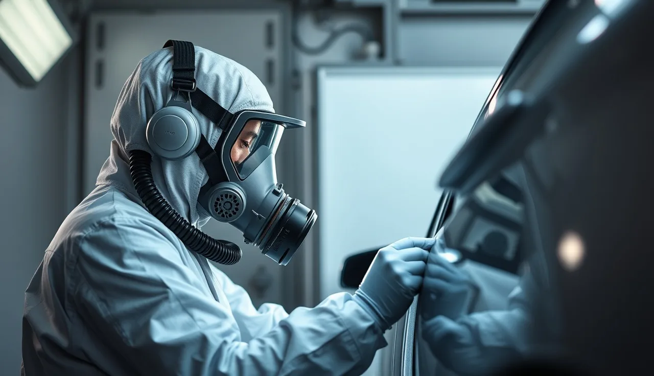 Auto body technician in spray booth wearing supplied-air respirator applying clearcoat