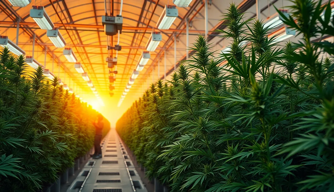 Worker in gloves inspecting cannabis plants inside a commercial grow facility
