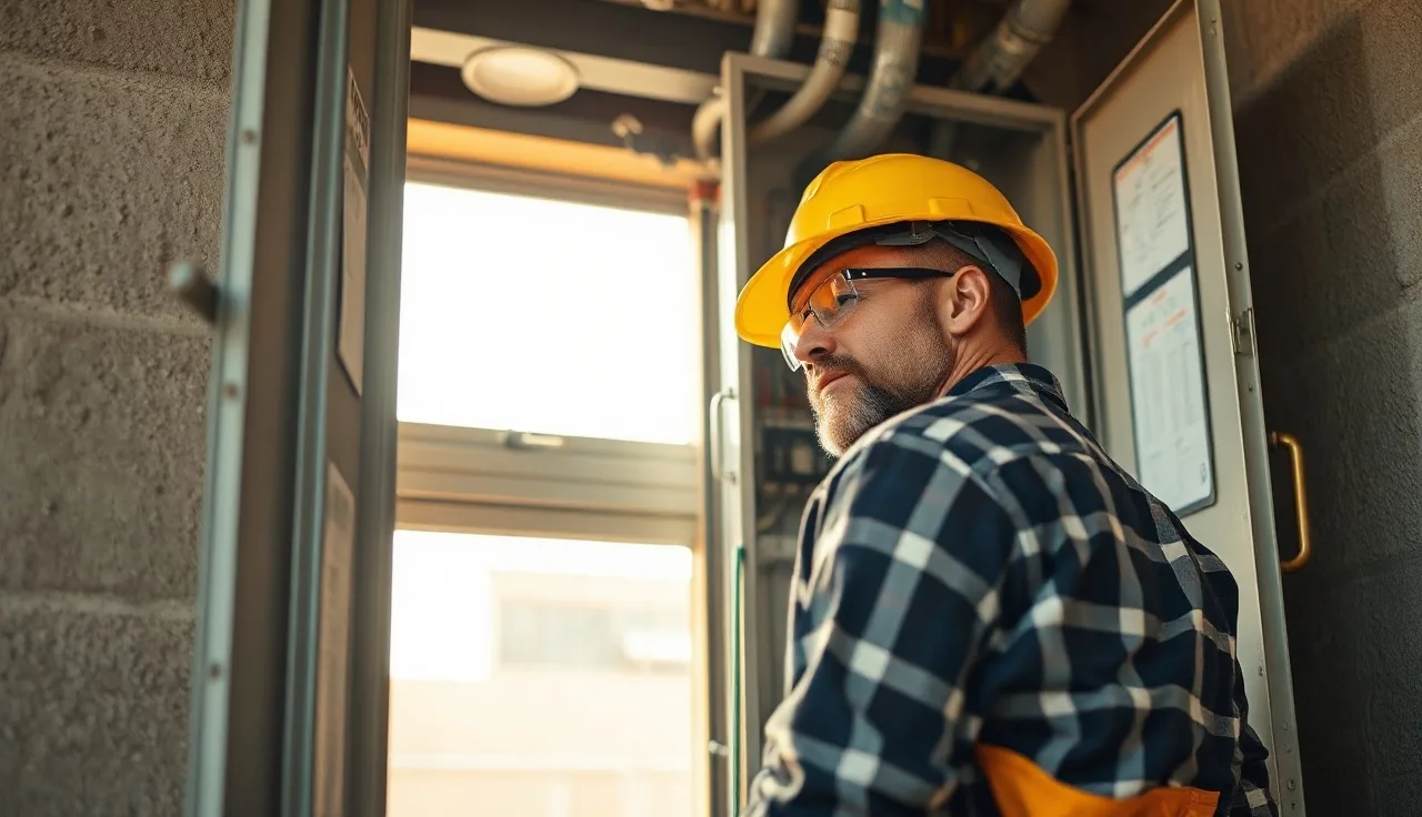 Electrician in hard hat and safety glasses working inside a commercial electrical panel