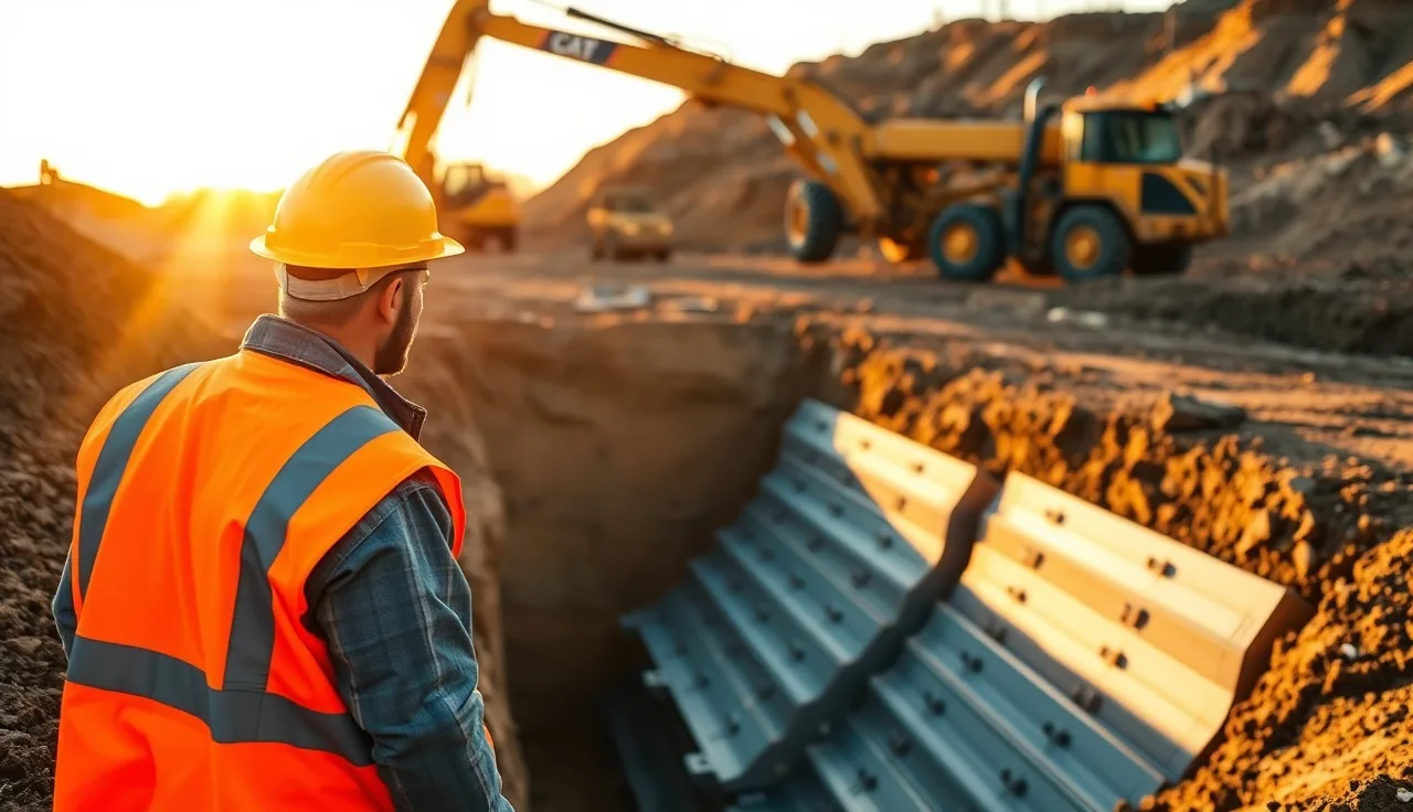 Worker in hard hat and high-vis vest inspecting a shored excavation trench on a grading site