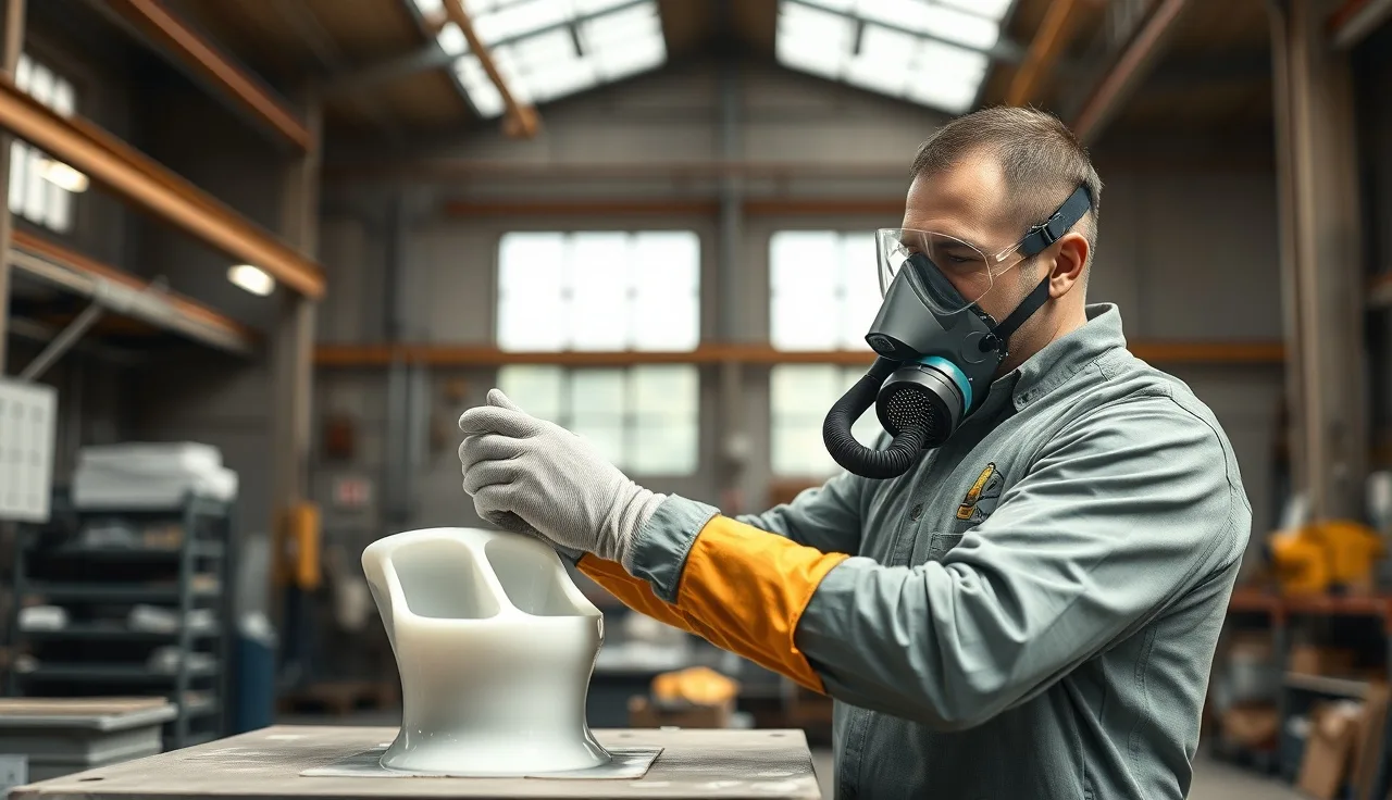 Fiberglass fabrication worker applying resin to a mold while wearing a respirator and gloves