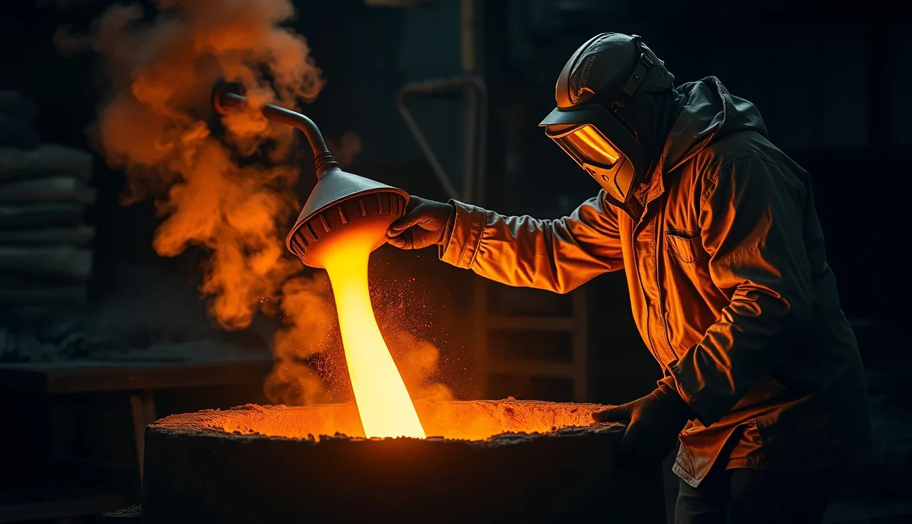 Foundry worker pouring molten metal into a sand casting mold on the shop floor