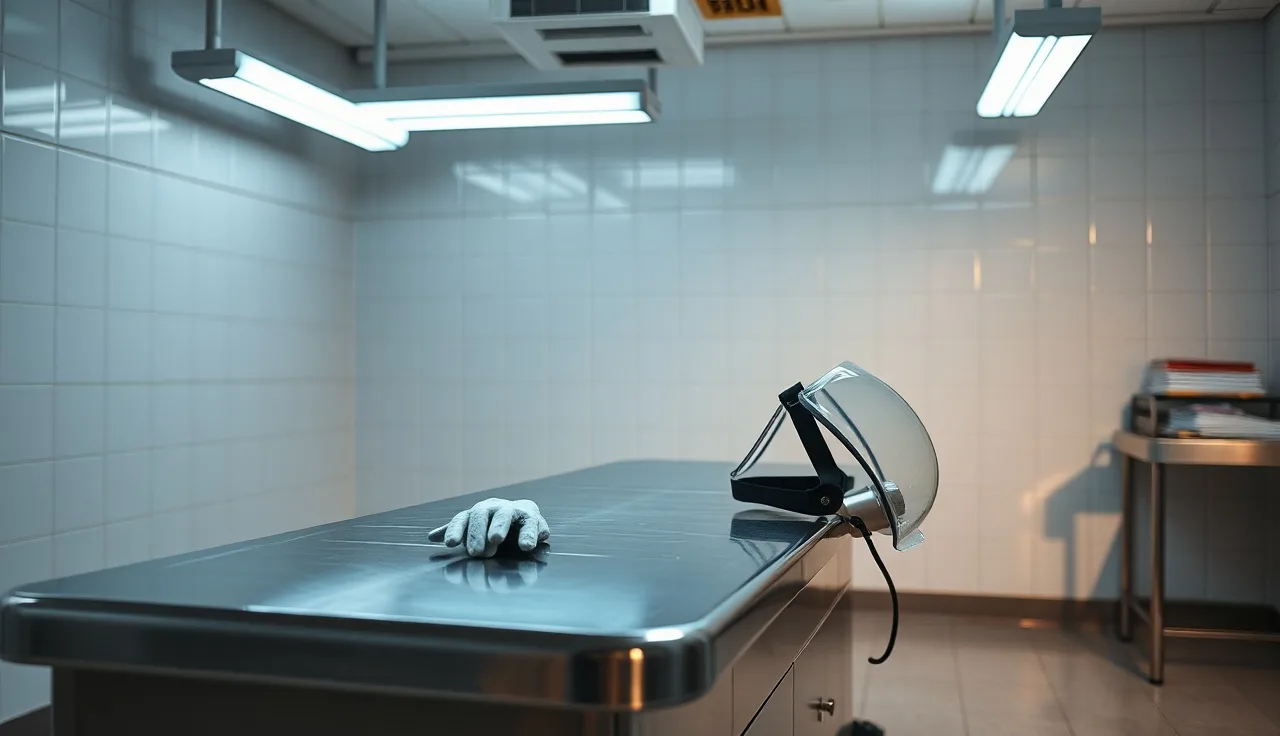 Empty funeral home preparation room with stainless steel table and protective equipment