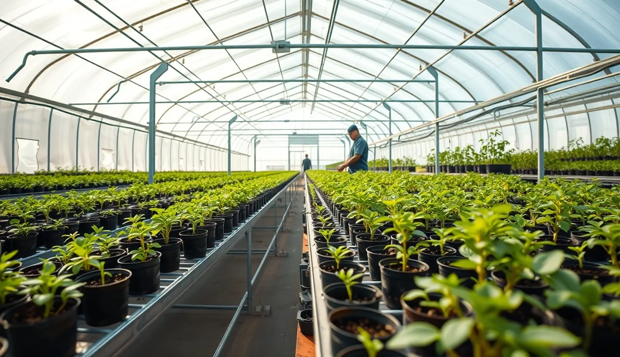 Worker in gloves tending seedlings inside a commercial greenhouse with rows of potted plants
