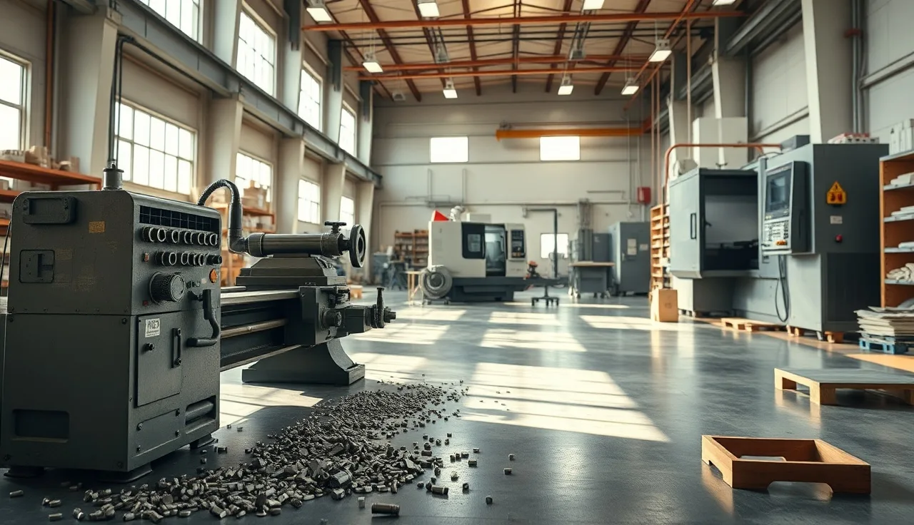 Machine tool shop floor with lathe in foreground and CNC mill behind