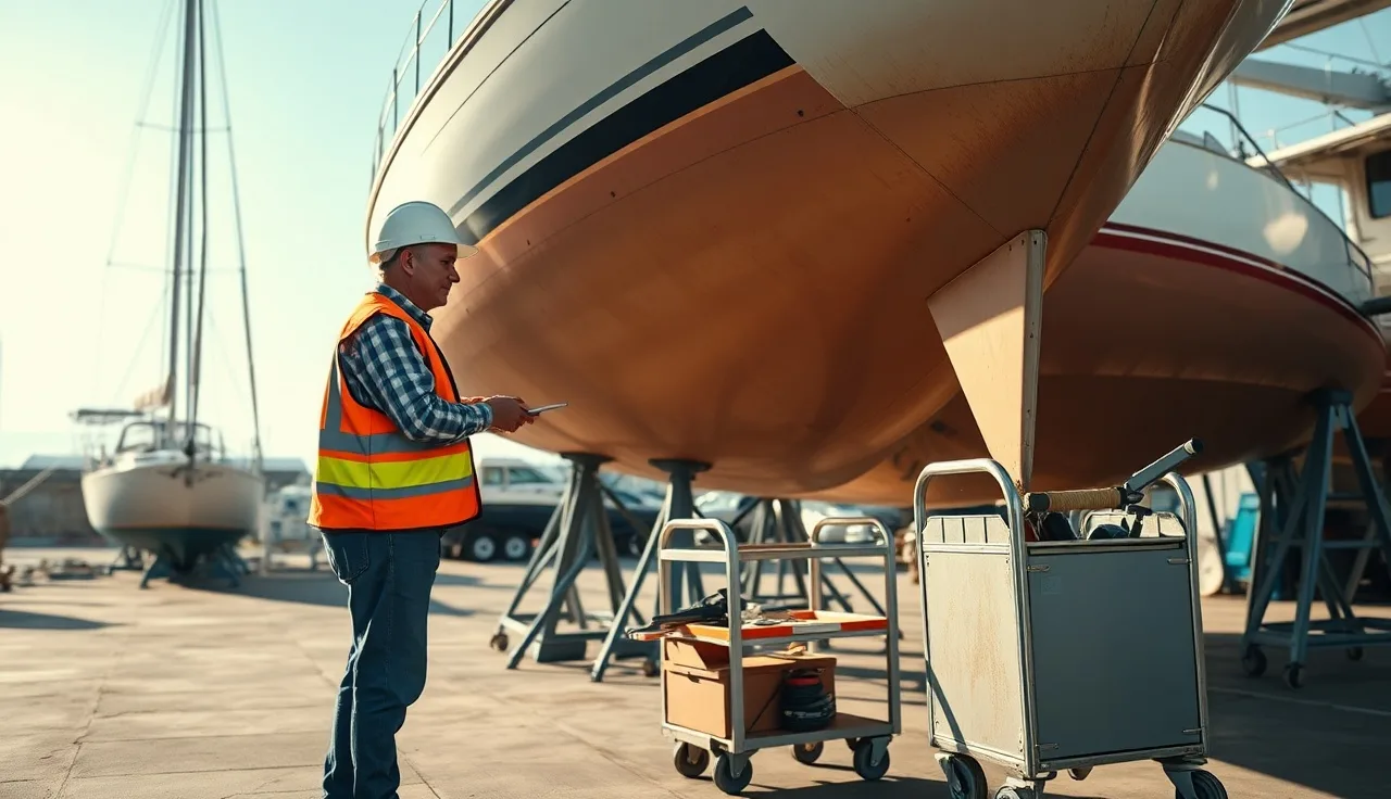 Marina worker in safety gear inspecting a sailboat hull on jackstands in a boat yard