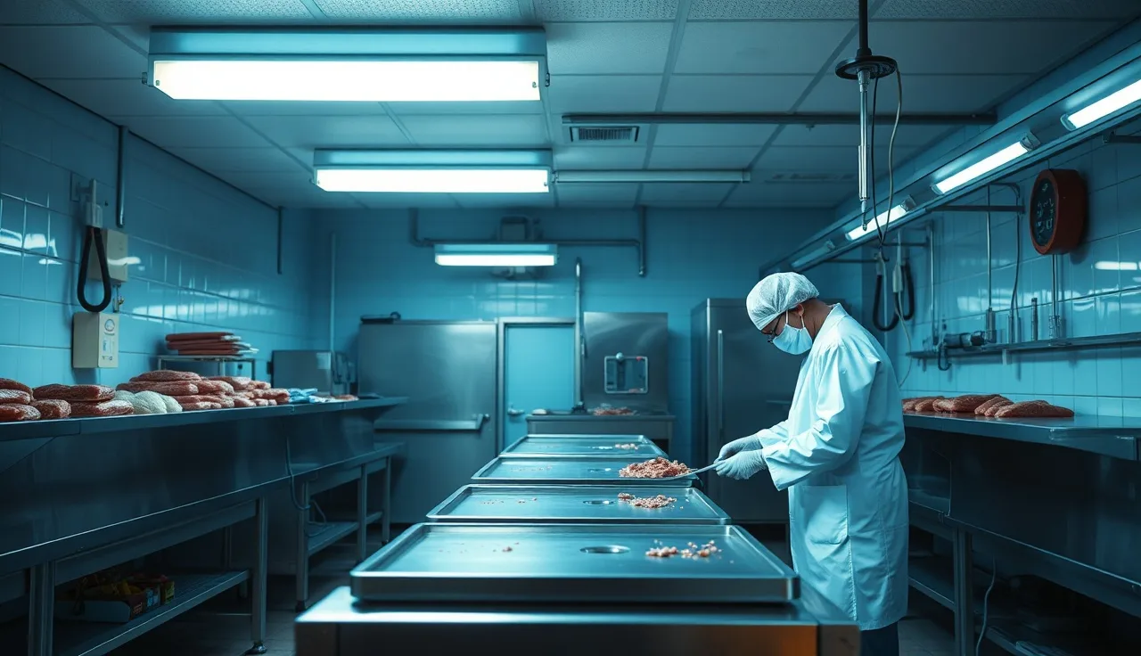 Meat processing worker in protective gear standing at a stainless steel cutting line