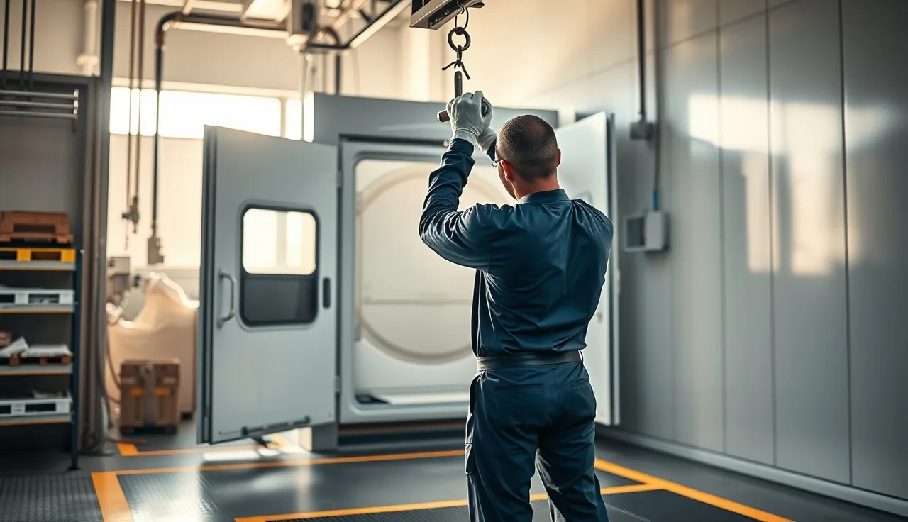 Worker handling a metal part on a conveyor hook inside a powder coating spray booth