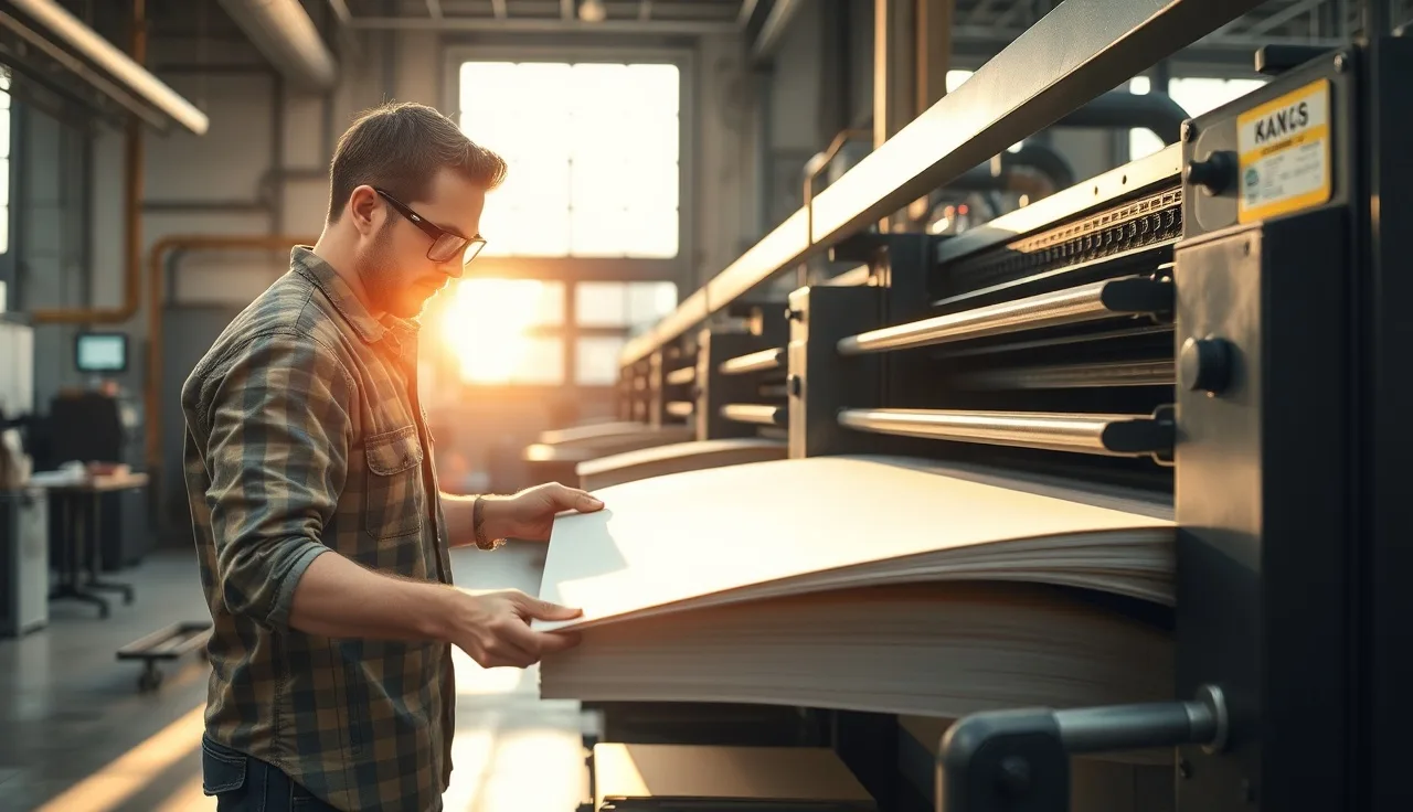 Worker in safety glasses operating an offset printing press in a pressroom