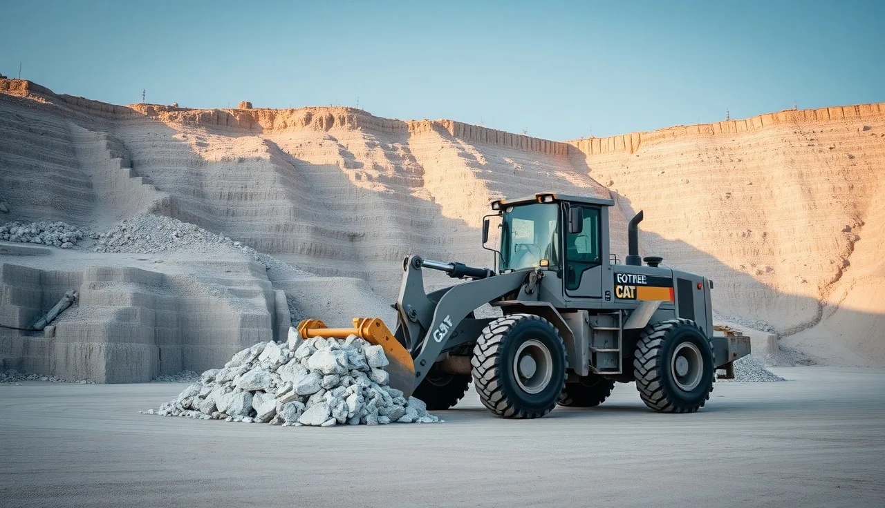 Front-end loader moving limestone at an active surface quarry with stepped highwalls