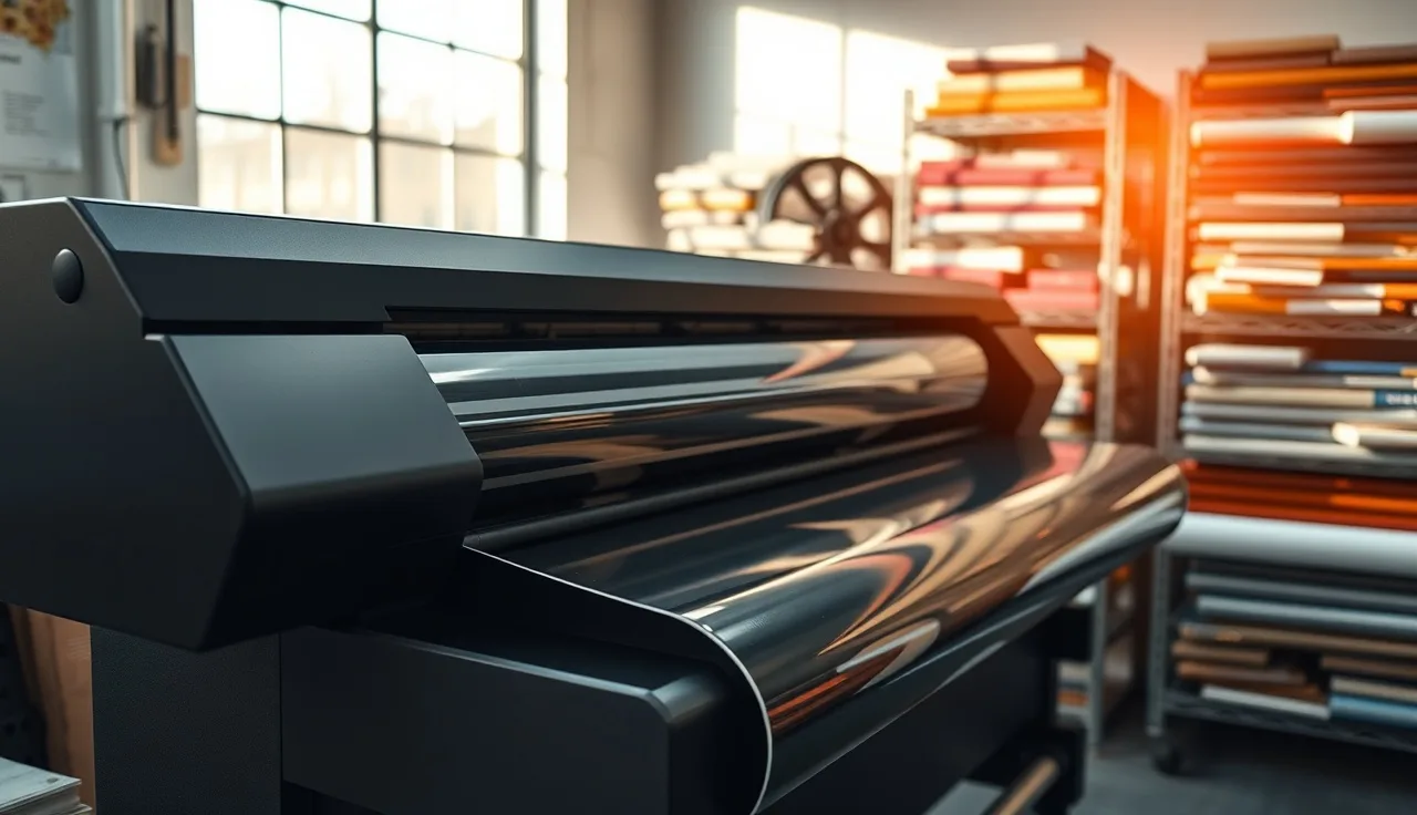 Wide-format vinyl printer operating in a small sign shop with material rolls on shelving