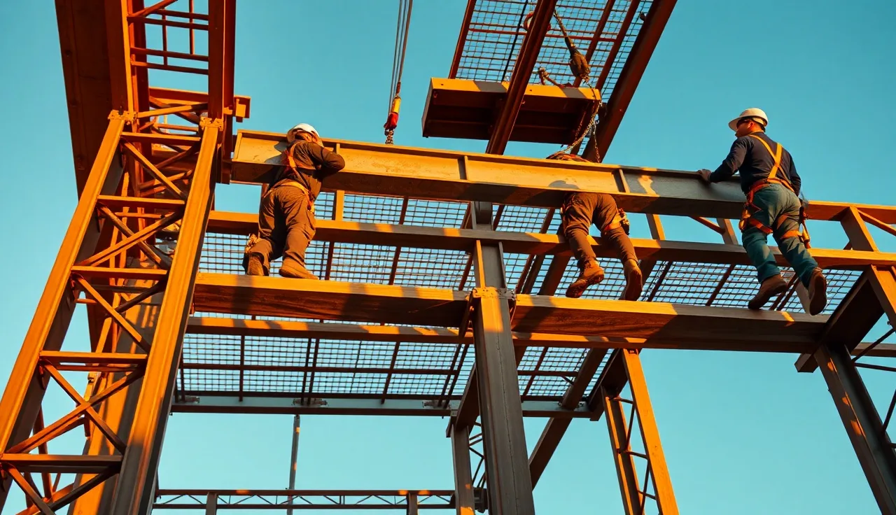 Two ironworkers in harnesses setting a steel beam on a construction frame