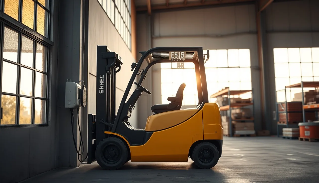Electric forklift connected to a battery charger inside a warehouse charging area