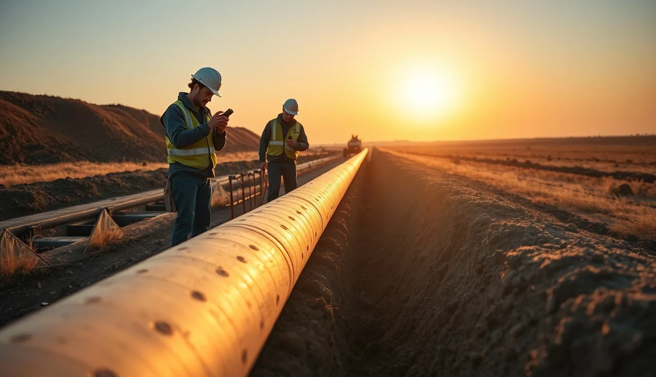 Pipeline workers inside a shored trench checking atmospheric monitor during excavation