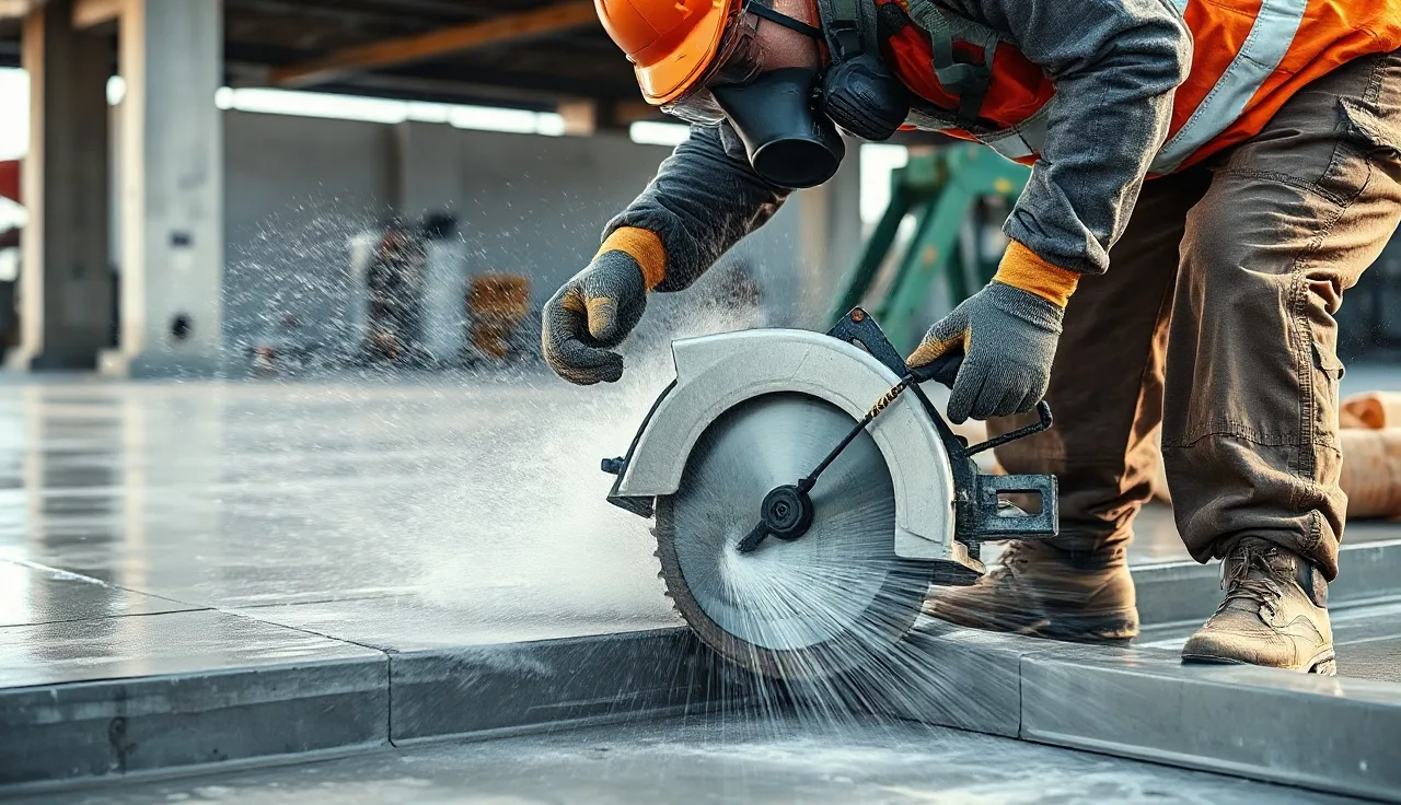 Worker in respirator using wet-cut saw on concrete slab, silica dust control