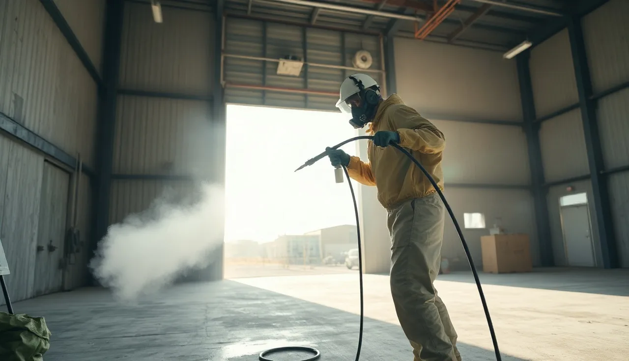 Painter wearing respirator and coveralls spraying paint inside industrial structure