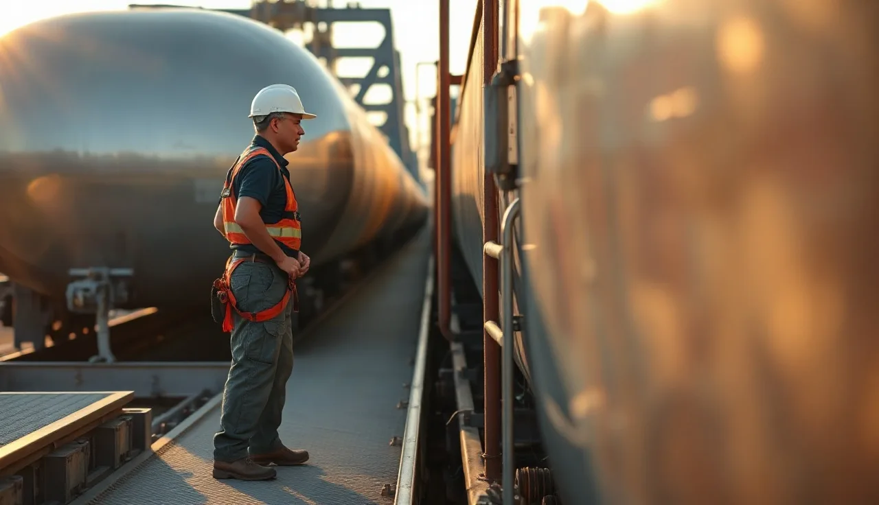 Worker on a metal platform beside a tank car at a rail loading facility