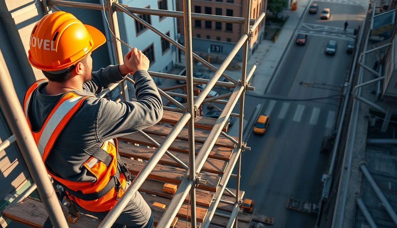 Construction worker securing fall arrest harness on scaffold platform above city street
