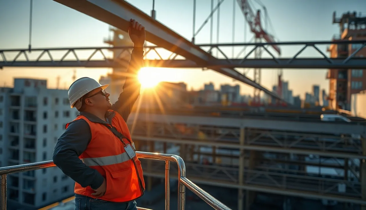 Construction worker on scaffold reviewing steel framework at a job site