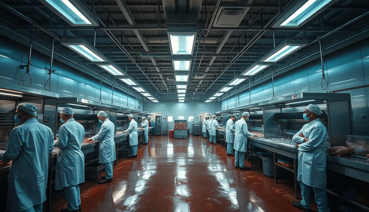 Workers in protective gear at stainless steel stations inside a meat processing plant