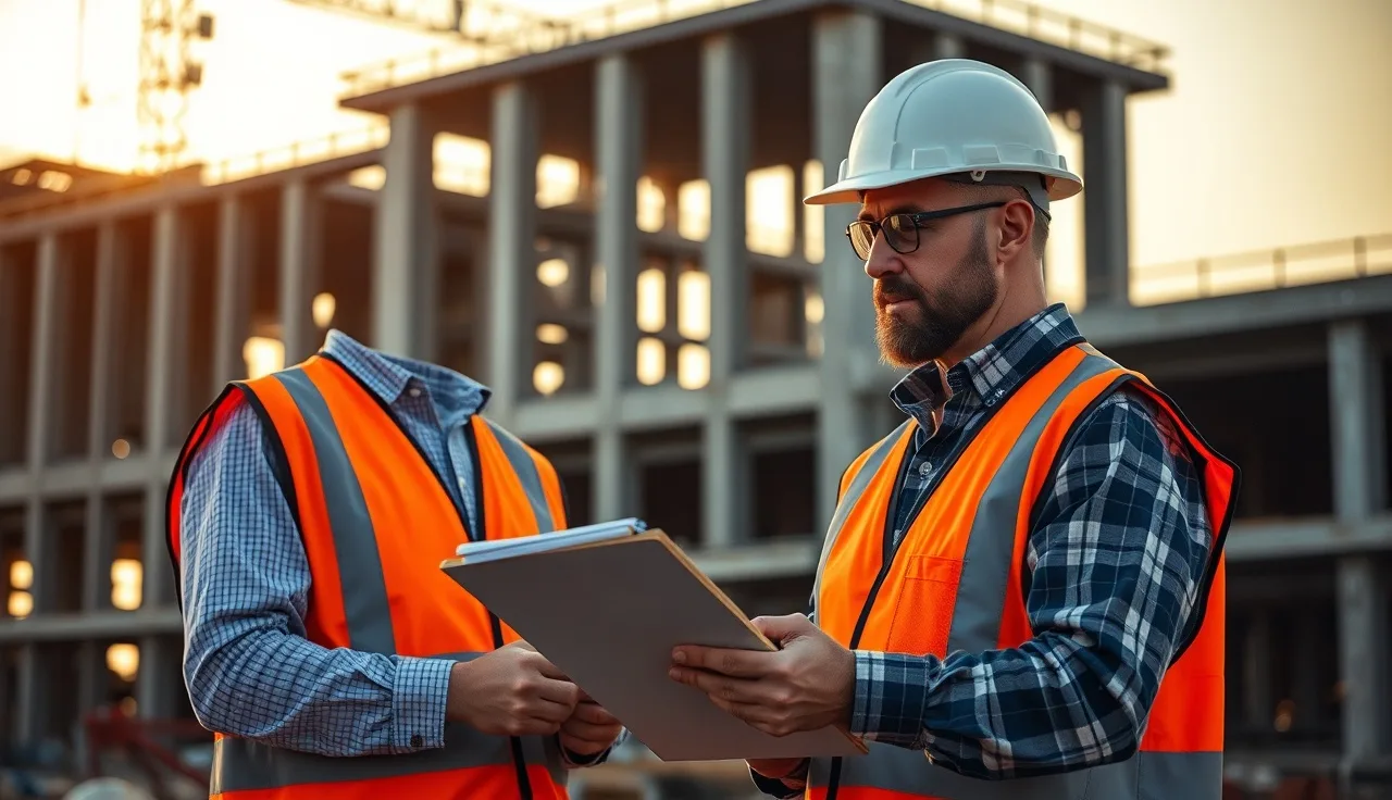 Superintendent reviewing safety documents at an active commercial construction site