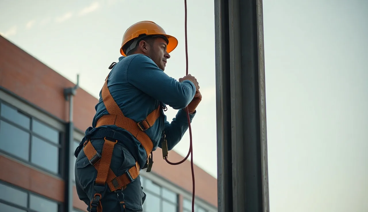 Worker in safety harness attaching lanyard to cable fall protection system on steel frame